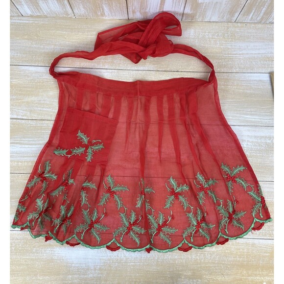 VTG 1960s Christmas Apron Sheer Red Organza Green / Red Embroidered Holly Pocket - Picture 1 of 8
